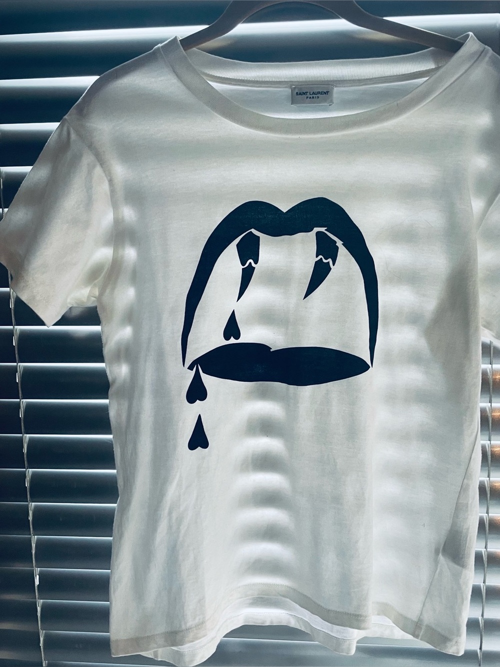Saint Laurent White Tee with Black Drip Lip Graphic “Vampire Lips”